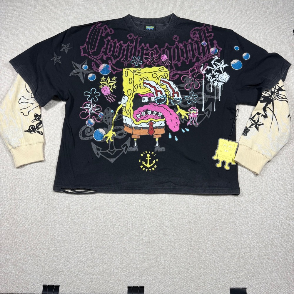 Civil Regime x SpongeBob Distressed Twofer Tee Vintage Black Butter Large NEW